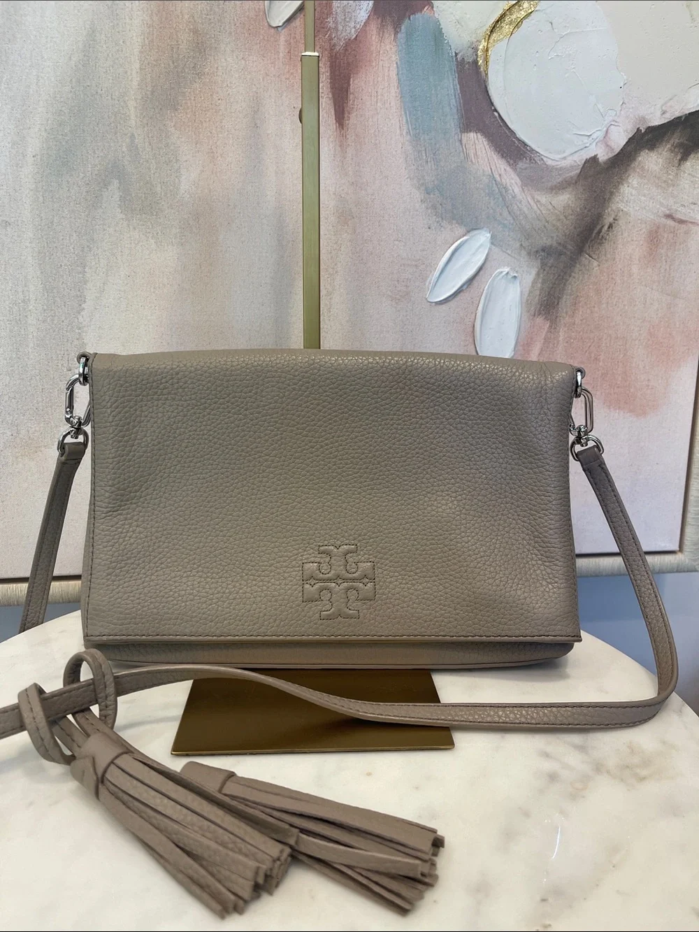 Tory Burch Foldover Pebbled Leather Crossbody in Turtle Dove (Gray)